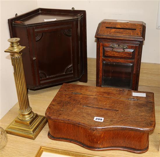 Two oak letter boxes, a corner cabinet and a brass table lamp